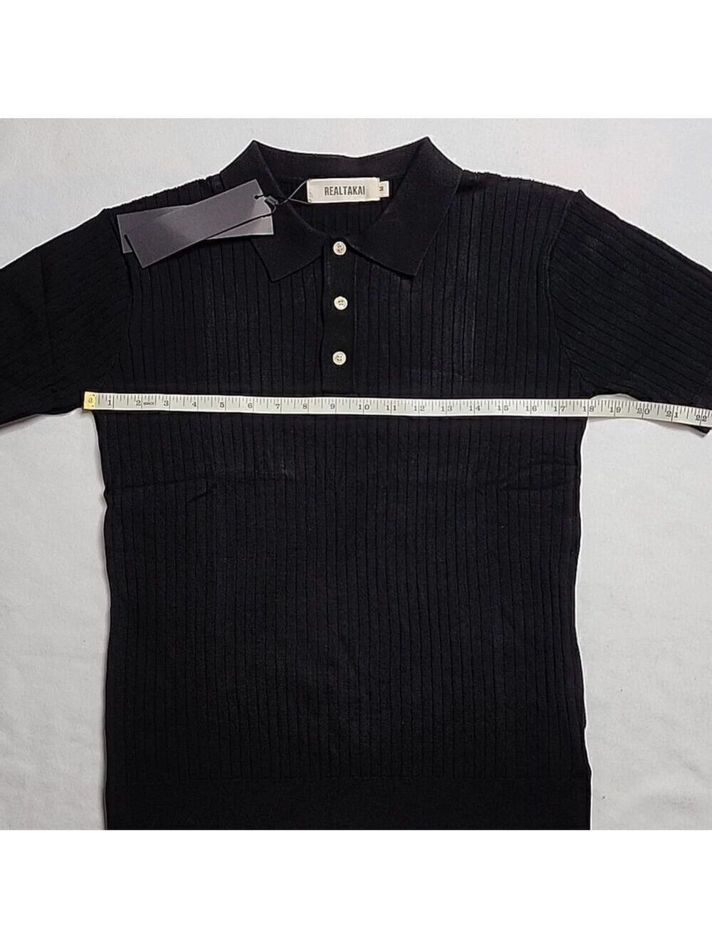 1830 Nwt Black Vertical Knitted Short Sleeve Collar Shirt Size Medium — image 5 of 6